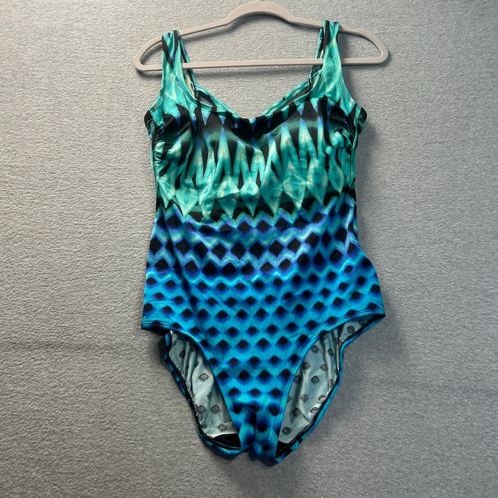 Inches Away One Piece Swimsuit Womens Size 12 Blue Green Tummy Control Shirred